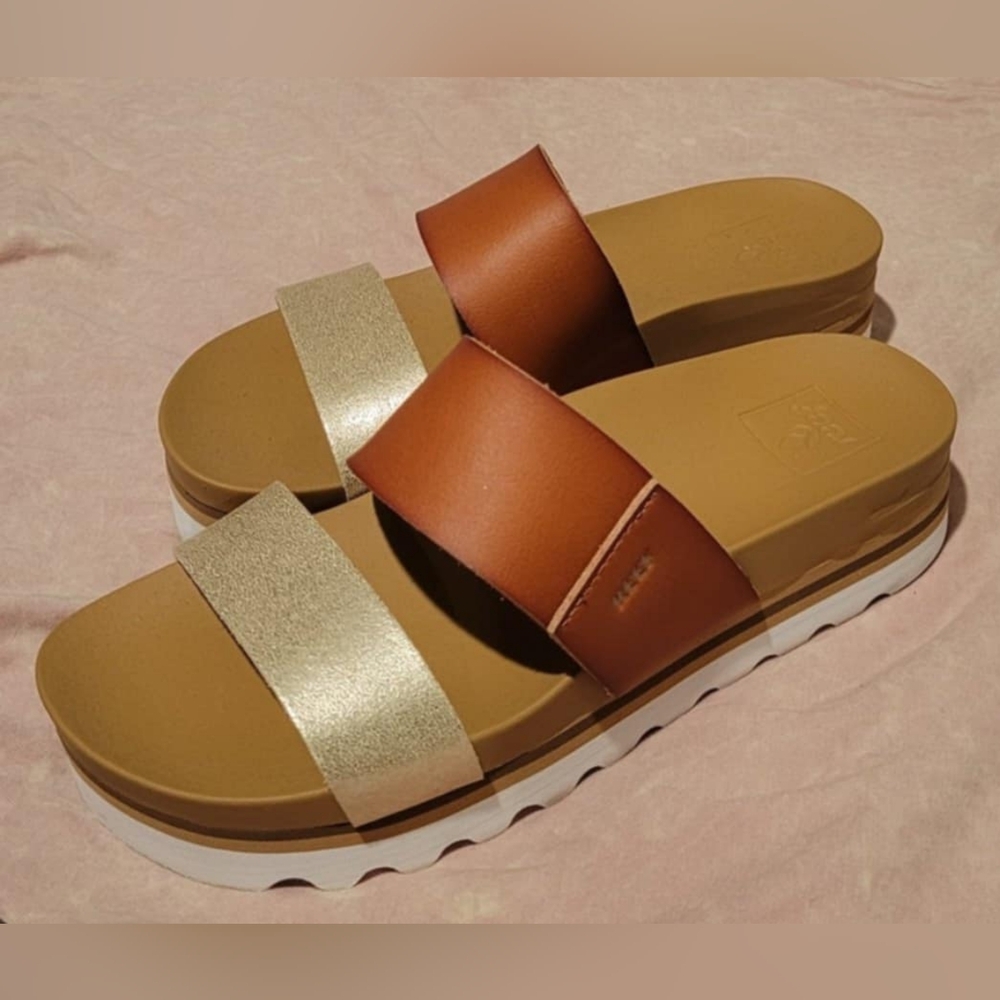 Brown and Gold Women's Slide Sandals